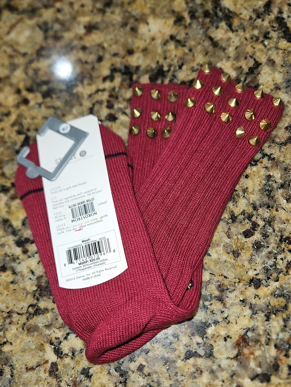 NWT Nordstrom Stance Women's Red  Burgundy Gold Studded Ribbed Socks Osfm